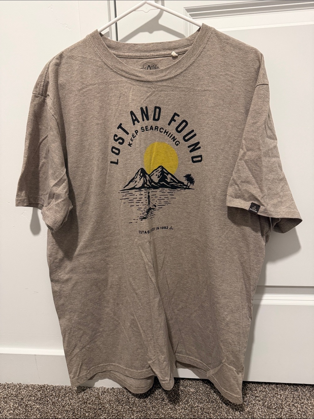 Prana Men's Tan Graphic Tee with Yellow Sun